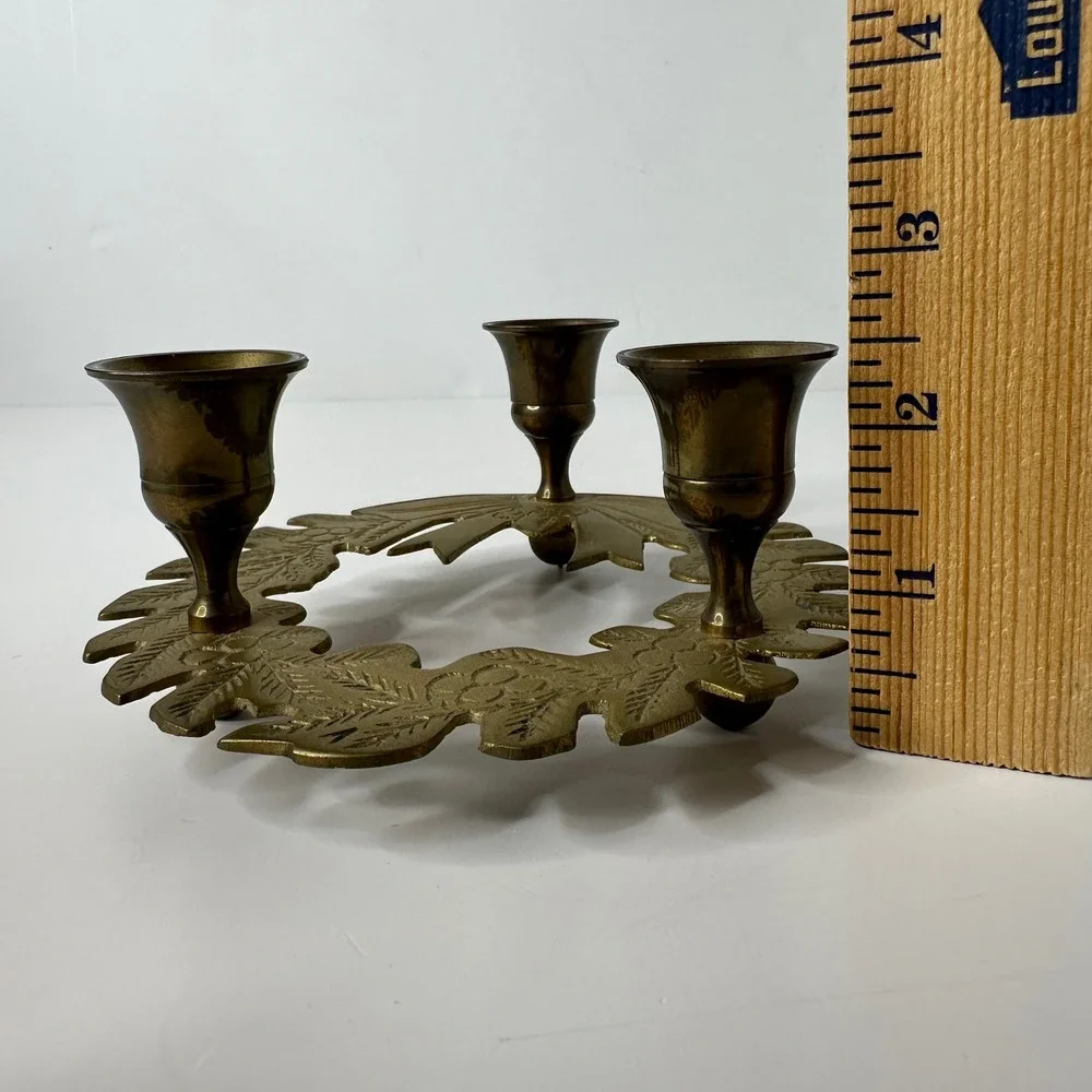 Vintage Brass Christmas Wreath Candelabra 3 Cup Candle Holder Holly‎ Leaf Bow